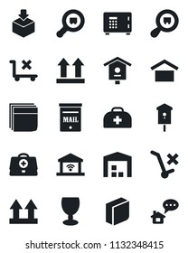 Set of vector isolated black icon - safe vector, bird house, doctor case, fragile, warehouse storage, up side sign, no trolley, package, search cargo, blank box, mailbox, garage gate control