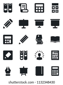 Set of vector isolated black icon - book vector, calculator, abacus, notepad, presentation board, pencil, contract, notes, ink pen, shining head