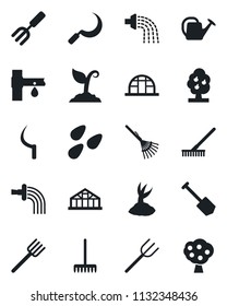 Set of vector isolated black icon - job vector, garden fork, farm, rake, watering can, sproute, sickle, greenhouse, seeds, drip irrigation, fruit tree