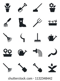 Set of vector isolated black icon - job vector, flower in pot, garden fork, shovel, farm, rake, watering can, boot, seedling, hoe, sickle, irrigation