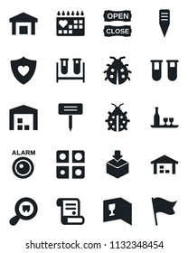 Set of vector isolated black icon - contract vector, lady bug, plant label, blood test vial, heart shield, medical calendar, warehouse, package, search cargo, application, alcohol, wine card, flag
