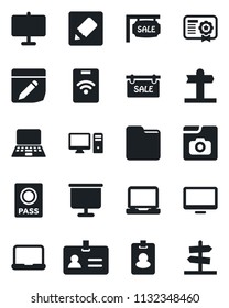 Set of vector isolated black icon - passport vector, identity, notebook pc, signpost, monitor, laptop, folder, notes, photo gallery, presentation board, sale, pass card, certificate, guidepost