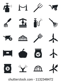 Set of vector isolated black icon - fence vector, garden fork, farm, rake, wheelbarrow, well, pumpkin, greenhouse, sprayer, fertilizer, windmill, irrigation