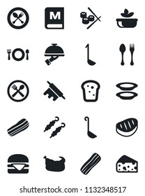 Set of vector isolated black icon - spoon and fork vector, cafe, menu, salad, plates, bacon, waiter, bread, chicken, steak, kebab, hamburger, ladle, rolling pin, sushi, cheese