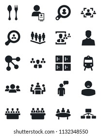 Set of vector isolated black icon - spoon and fork vector, train, checkroom, speaking man, team, meeting, patient, user, hr, client search, group, social media, hierarchy