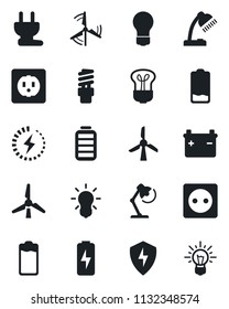 Set of vector isolated black icon - bulb vector, battery, low, protect, charge, desk lamp, windmill, socket, power plug, energy saving, idea