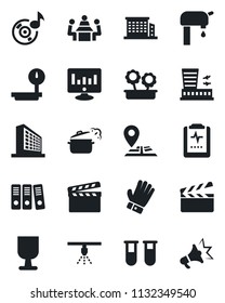 Set of vector isolated black icon - airport building vector, office, statistic monitor, glove, blood test vial, pulse clipboard, navigation, fragile, heavy scales, clapboard, music, paper binder