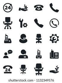 Set of vector isolated black icon - 24 around vector, office chair, phone, hours, support, speaker, radio, call, root setup, palm sproute