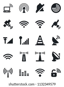 Set of vector isolated black icon - antenna vector, wireless notebook, border cone, radar, satellite, equalizer, mute, cellular signal, lock