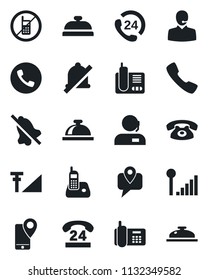 Set of vector isolated black icon - phone vector, no mobile, reception bell, office, 24 hours, tracking, radio, call, mute, cellular signal, support