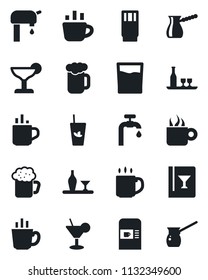 Set of vector isolated black icon - hot cup vector, coffee machine, water supply, alcohol, wine card, drink, cocktail, phyto bar, beer, turkish