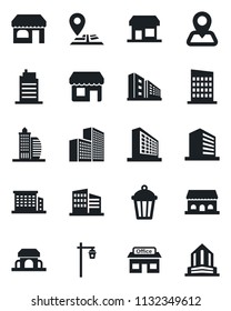 Set of vector isolated black icon - shop vector, office building, garden light, navigation, store, city house, cafe, storefront
