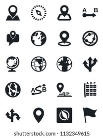 Set of vector isolated black icon - globe vector, seat map, route, navigation, earth, pin, mobile tracking, network, place tag, compass, flag