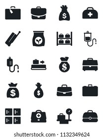 Set of vector isolated black icon - suitcase vector, baggage conveyor, luggage storage, scales, checkroom, case, money bag, fertilizer, doctor, dropper