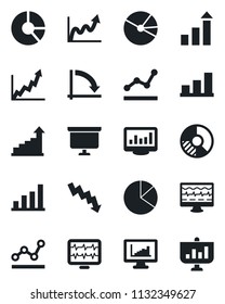Set of vector isolated black icon - growth statistic vector, presentation board, crisis graph, circle chart, monitor pulse, statistics, bar, pie, point