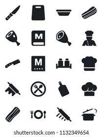 Set of vector isolated black icon - cook vector, cafe, hat, menu, bacon, salt and pepper, ham, bowl, rolling pin, cutting board, knife, steaming pan