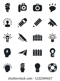 Set of vector isolated black icon - brainstorm vector, bulb, camera, pencil, fence, rolling pin, energy saving, shining head, idea, paper plane, crisis management