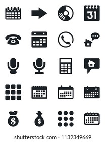 Set of vector isolated black icon - right arrow vector, calendar, circle chart, microphone, menu, calculator, phone, home message, money bag