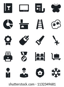 Set of vector isolated black icon - baggage trolley vector, luggage storage, medal, circle chart, ladder, saw, butterfly, fireplace, ripper, doctor, news, tv, rca, sertificate, printer, waiter