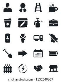 Set of vector isolated black icon - right arrow vector, coffee, job, flower in pot, ladder, garden sprayer, notes, mute, battery, charge, case, support, estate agent, heater, pc, handshake, calendar