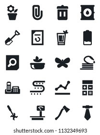 Set of vector isolated black icon - calculator vector, document search, reload, flower in pot, shovel, butterfly, hose, axe, drip irrigation, ripper, oil barrel, heavy scales, low battery, phyto bar