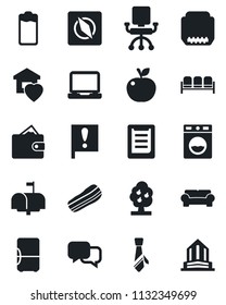 Set of vector isolated black icon - waiting area vector, important flag, clipboard, dialog, laptop pc, battery, hdmi, compass, tie, fruit tree, cushioned furniture, sweet home, mailbox, bacon, apple