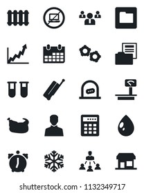Set of vector isolated black icon - suitcase vector, no laptop, ticket office, gear, team, calendar, water drop, blood test vial, heavy scales, user, alarm, folder, document, hierarchy, chicken