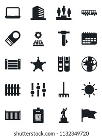 Set of vector isolated black icon - airport bus vector, office building, pedestal, tie, fence, rake, sun, earth, cargo container, term, settings, identity card, notebook pc, book, panel, police