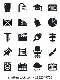 Set of vector isolated black icon - graduate vector, tie, calendar, rain, garden knife, signpost, term, container, clapboard, hdmi, drawing pin, pie graph, abacus, office building, bathroom, washer