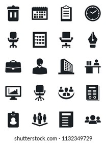 Set of vector isolated black icon - office building vector, chair, document, clipboard, calendar, case, company, clock, monitor statistics, abacus, ink pen, support, manager desk, contract, group