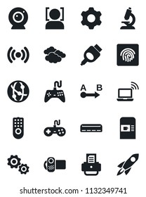 Set of vector isolated black icon - coffee machine vector, wireless notebook, clouds, printer, microscope, route, gamepad, video camera, network, hdmi, settings, face id, fingerprint, remote control