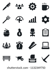 Set of vector isolated black icon - alarm clock vector, gear, office chair, team, farm fork, ripper, wheelbarrow, bench, settings, clipboard, coffee, bar graph, meeting, paper tray, notebook pc, pen