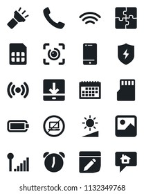 Set Of Vector Isolated Black Icon - No Laptop Vector, Cell Phone, Call, Gallery, Protect, Alarm, Sd, Sim, Notes, Download, Wireless, Torch, Brightness, Eye Id, Cellular Signal, Battery, Application