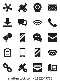 Set of vector isolated black icon - mobile phone vector, mail, satellite, microphone, dialog, share, chain, call, download, wireless, clipboard, web camera, intercome