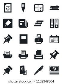 Set of vector isolated black icon - office binder vector, drawing pin, document reload, printer, plant label, news, paper, notes, copybook, folder, tray, pen, stapler, plan, restaurant receipt, cash