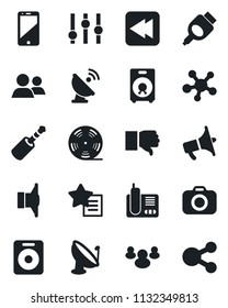 Set of vector isolated black icon - satellite antenna vector, reel, camera, speaker, loudspeaker, settings, cell phone, radio, share, group, finger down, favorites list, rewind, hdmi, jack connector