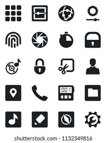Set of vector isolated black icon - call vector, menu, mobile camera, user, stopwatch, scanner, network, folder, notes, brightness, cut, place tag, compass, lock, fingerprint id, music, root setup