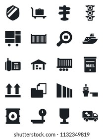 Set of vector isolated black icon - baggage trolley vector, signpost, traffic light, office phone, sea shipping, truck trailer, cargo container, port, consolidated, folder document, fragile, sorting