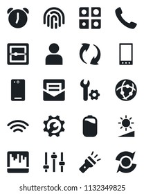 Set of vector isolated black icon - mobile vector, phone back, call, update, tuning, user, alarm, mail, scanner, network, wireless, torch, brightness, fingerprint id, battery, application