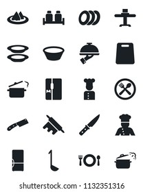 Set of vector isolated black icon - fridge vector, cook, restaurant table, serviette, cafe, plates, waiter, salt and pepper, ladle, bowl, rolling pin, cutting board, knife, steaming pan