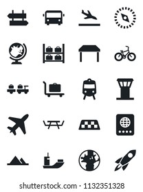Set of vector isolated black icon - plane vector, airport tower, taxi, arrival, baggage trolley, bus, train, signpost, passport, globe, larry, luggage storage, picnic table, bike, earth, compass