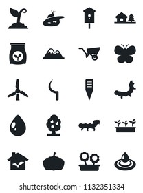 Set of vector isolated black icon - wheelbarrow vector, sproute, butterfly, seedling, water drop, sickle, plant label, pumpkin, caterpillar, bird house, fertilizer, with tree, pond, windmill, fruit