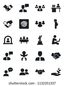 Set of vector isolated black icon - baby vector, reception, handshake, speaking man, pedestal, team, meeting, pregnancy, speaker, group, fingerprint id, manager desk, estate agent, with notebook