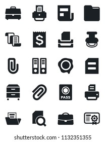 Set of vector isolated black icon - passport vector, contract, office binder, document, stamp, printer, receipt, folder, case, paper clip, news, search, tray, archive box, certificate
