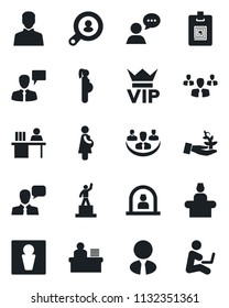 Set of vector isolated black icon - male vector, vip, reception, speaking man, pedestal, pregnancy, speaker, user, company, identity card, manager desk, client search, estate agent, group