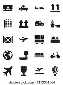 Set of vector isolated black icon - plane vector, departure, baggage conveyor, waiting area, alarm car, seat map, bike, earth, sea port, container, consolidated cargo, fragile, up side sign