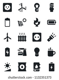 Set of vector isolated black icon - hot cup vector, bulb, factory, fire, oil barrel, battery, torch, brightness, charge, sun panel, windmill, heater, socket, water, energy saving