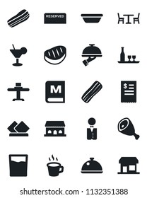 Set of vector isolated black icon - cafe vector, coffee, waiter, dish, alcohol, restaurant table, menu, reserved, drink, cocktail, bacon, building, receipt, steak, ham, bowl, serviette, storefront