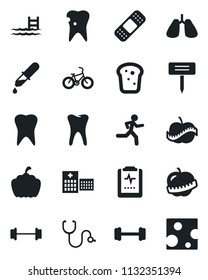 Set of vector isolated black icon - plant label vector, pumpkin, stethoscope, dropper, patch, barbell, bike, run, lungs, tooth, caries, pulse clipboard, diet, hospital, pool, bread, cheese