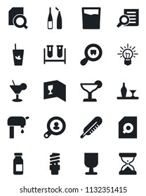Set of vector isolated black icon - document search vector, blood test vial, thermometer, ampoule, fragile, cargo, water supply, client, alcohol, wine card, drink, cocktail, phyto bar, idea